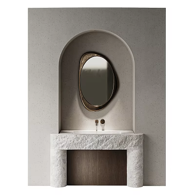 Modern Bathroom Vanity With Stone Countertop And Oval Mirror In Arched Niche Design 3d model