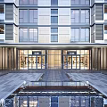 Modern High Rise Residential Building With Glass Facade Water Pool Reflection And Trees