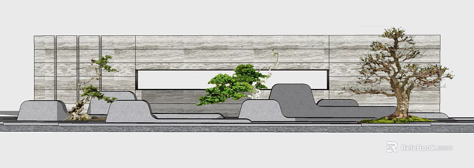 Modern Feature Wall Design With Stone Texture And Green Plants Near Seating Area 3d model 