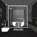 Modern Luxury Gray Bathroom With Bathtub Double Vanity Large Mirror Blinds And Wall Mounted Toilet