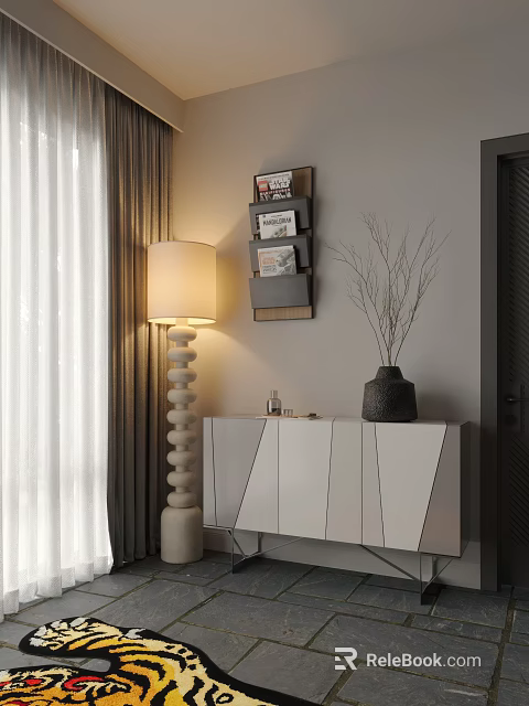 Modern Entryway Console Cabinet With Side Cabinet Floor Lamp Vase And Magazine Shelves 3d model 