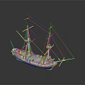 Detailed Wooden Sailboat Model With Two Masts And Reflected Surface on Gray Background