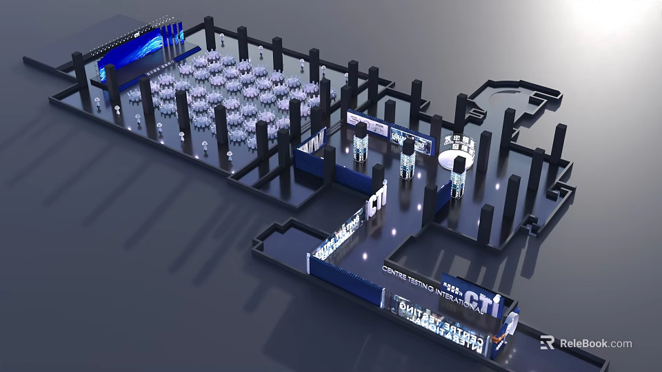 Modern Exhibition Hall Layout Design With Booths Lighting And Display Elements 3d model