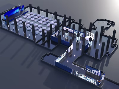 Modern Exhibition Hall Layout Design With Booths Lighting And Display Elements 3d model
