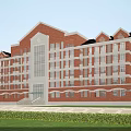 Red Brick Classical Style Multi Story Building With Large Windows And Front Lawn 3d model
