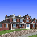 Red Brick Detached House With Dark Roof Multiple Windows Stone Wall And Garage Driveway