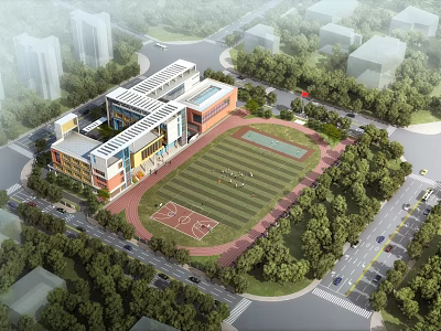 Modern School Building With Teaching Facilities Playground Basketball Court And Green Trees 3d model
