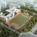 Modern School Building With Teaching Facilities Playground Basketball Court And Green Trees