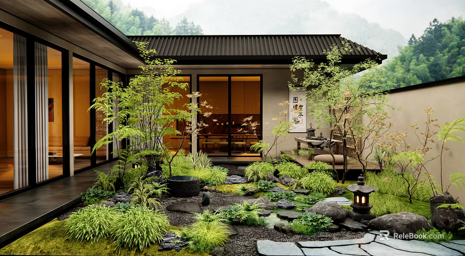 Zen Style Home Balcony with Lush Green Plants Stones Bamboo Water Feature Lantern Mountain View 3d model 
