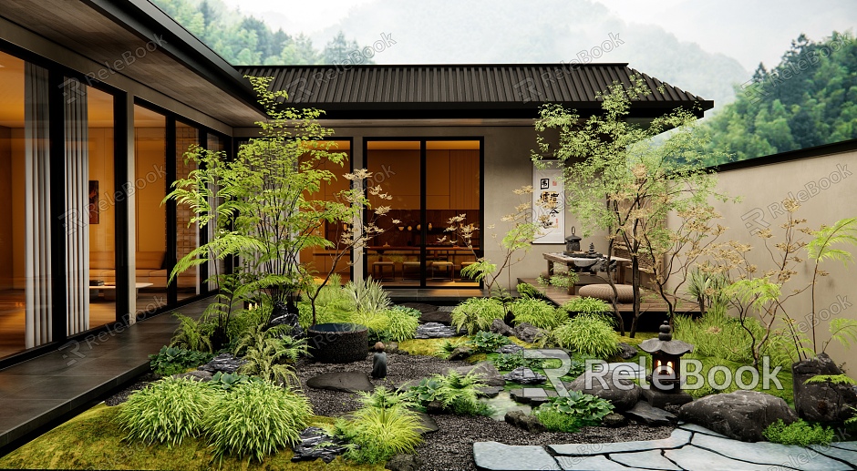 Japanese Zen Courtyard Garden Bluestone Tingbu Plant Landscape Landscaping Stone Flowers and Plants model