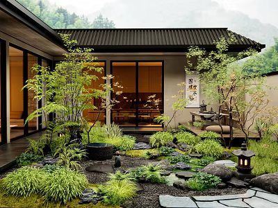 Zen Style Home Balcony with Lush Green Plants Stones Bamboo Water Feature Lantern Mountain View 3d model
