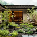 Zen Style Home Balcony with Lush Green Plants Stones Bamboo Water Feature Lantern Mountain View
