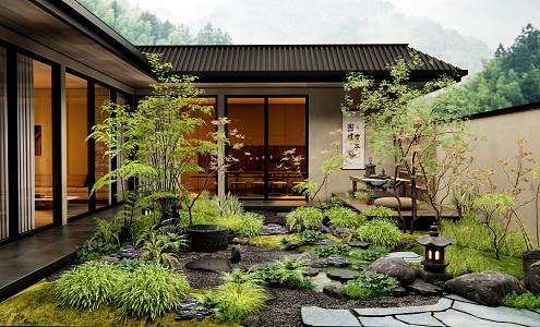 Japanese Zen Courtyard Garden Bluestone Tingbu Plant Landscape Landscaping Stone Flowers and Plants 3d model