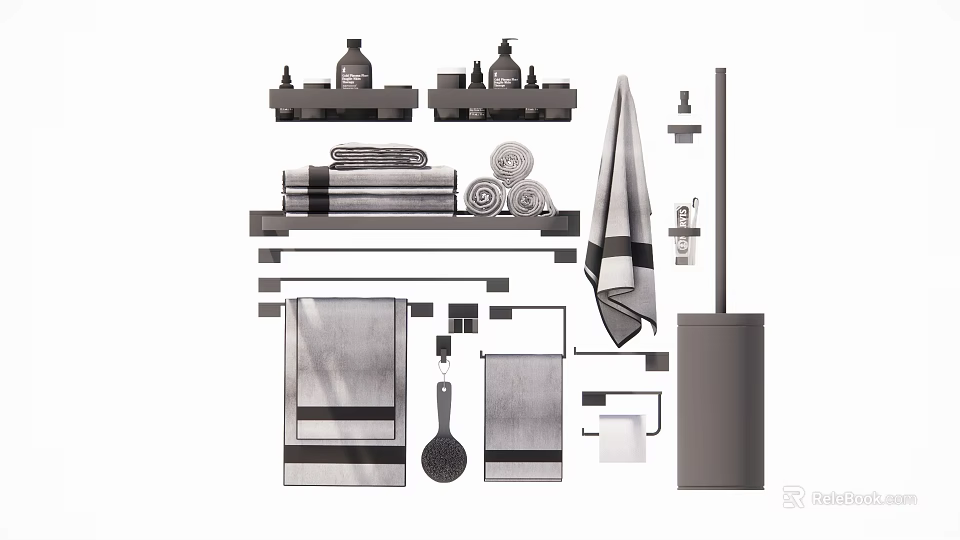 Stylish Bathroom Accessories Set With Towel Racks Shelves Towels Toiletries And Brush Holder 3d model 