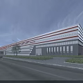 Modern Industrial Factory Building Exterior With Large Windows Parking Area And Roadside Landscaping