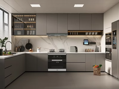 Modern Kitchen Interior Design With Grey Cabinets Marble Countertops Glass Door Cabinets And Appliances 3d model