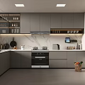 Modern Kitchen Interior Design With Grey Cabinets Marble Countertops Glass Door Cabinets And Appliances
