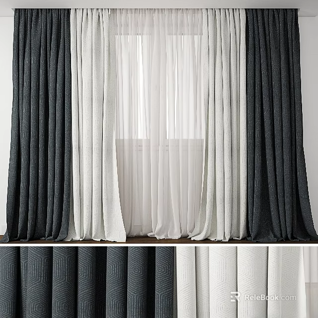 Modern Layered Window Curtains With Dark Textured And Sheer Light Panels 3d model 