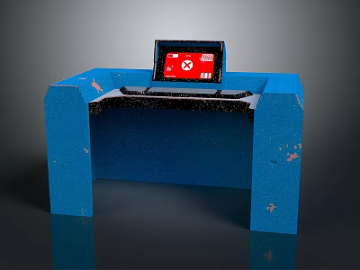 Blue Table With Red Screen Tablet And Keyboard On Surface 3d model