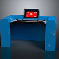 Blue Table With Red Screen Tablet And Keyboard On Surface