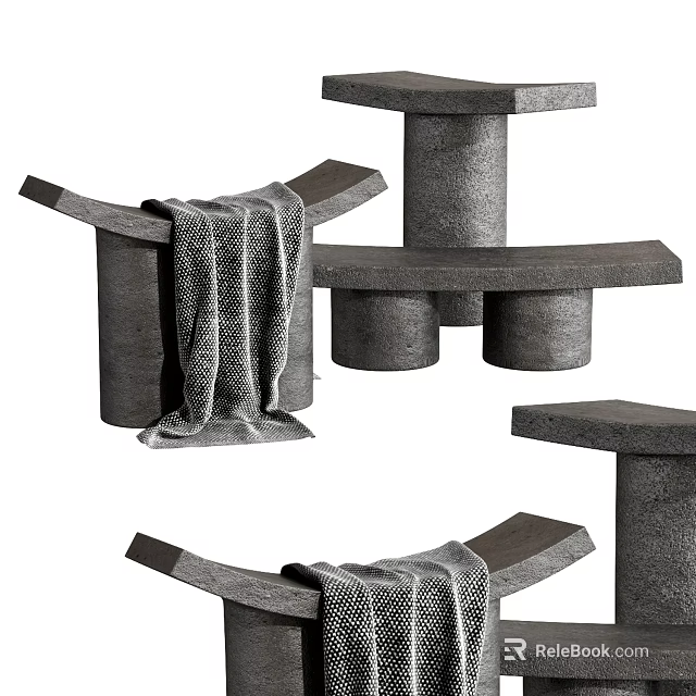 Modern Concrete Stools With Different Designs And Decorative Blanket For Home Interior 3d model