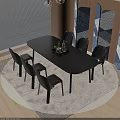 Modern Black Dining Table Set With Six Chairs On Round Rug And Wooden Wall Blinds