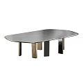 Sleek Modern Dining Table Featuring Oval Dark Wood Top And Gold Black Metal Legs Design