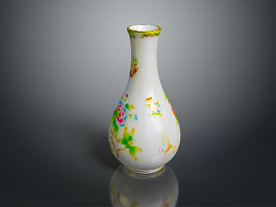 White Ceramic Vase With Colorful Floral And Bird Patterns Gold Rim On Reflective Dark Background 3d model