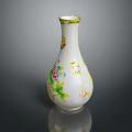 White Ceramic Vase With Colorful Floral And Bird Patterns Gold Rim On Reflective Dark Background