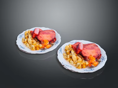 Delicious Grilled Meat Dish With Potatoes And Carrots On White Patterned Plates 3d model