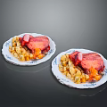 Delicious Grilled Meat Dish With Potatoes And Carrots On White Patterned Plates