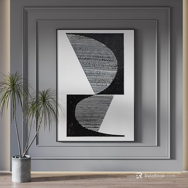Modern Abstract Wall Art With Geometric Patterns And Indoor Plant Decor 3d model