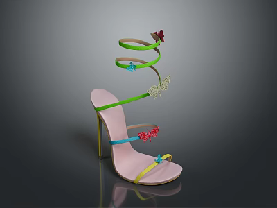 Colorful Butterflies Decorate Pink High Heels With Green Straps And Details 3d model