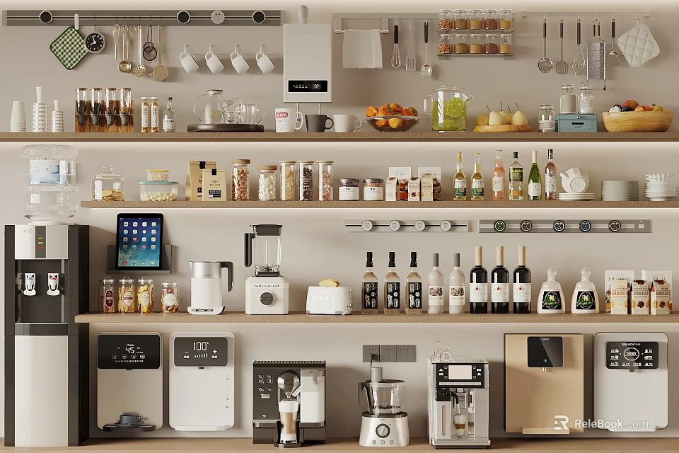 Modern Kitchen Interior With Organized Shelves And Various Small Kitchen Appliances 3d model