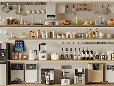 Modern Kitchen Interior With Organized Shelves And Various Small Kitchen Appliances 3d model