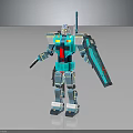 Blue And Gray Robot Character In 3D Model With Mechanical Armor And Arm Weapon