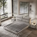 Modern Double Bed With Leather Headboard And Nightstand Lamp Near Large Window White Curtains