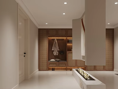 Luxury Living Dining Room Interior With Wooden Wall Fireplace Entryway And Clothing Area Design 3d model