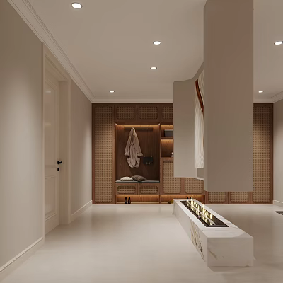 Luxury Living Dining Room Interior With Wooden Wall Fireplace Entryway And Clothing Area Design 3d model