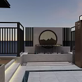 Rooftop Terrace Garden Landscape with Chinese Lantern Post Purple Flowers Outdoor Seating Stone Slab Flooring