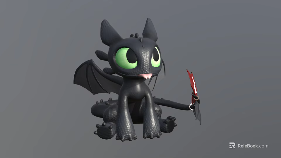 Cute Black Dragon Character With Big Green Eyes Wings Claws And Red Tail Decoration 3d model