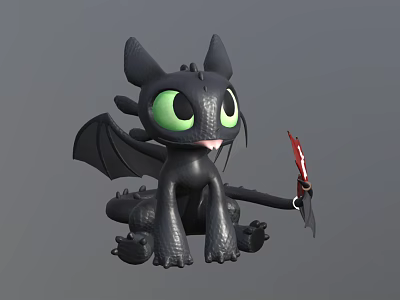 Cute Black Dragon Character With Big Green Eyes Wings Claws And Red Tail Decoration 3d model