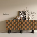 Modern Wooden Console Cabinet Sideboard With Checkerboard Pattern And Decorative Items 3d model
