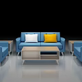 Blue Sofa And Coffee Table Set With Three Seat Sofa Single Sofas White Yellow Cushions 3d model