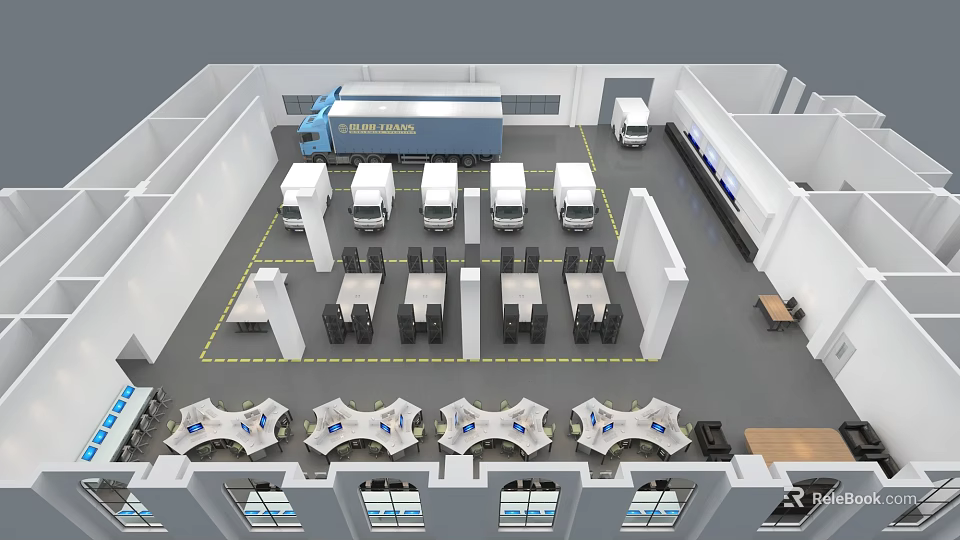 Aerial View of Logistics Warehouse with Global Logistics Truck Vans Workstations and Yellow Marked Areas 3d model 