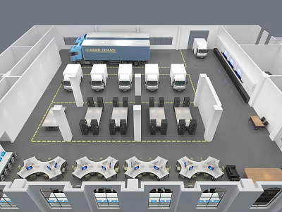Aerial View of Logistics Warehouse with Global Logistics Truck Vans Workstations and Yellow Marked Areas 3d model