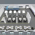 Aerial View of Logistics Warehouse with Global Logistics Truck Vans Workstations and Yellow Marked Areas