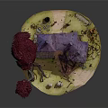 Cartoon Scenic Island Scene With Purple Roof Cottage Pink Trees And Silver Crystal Structures