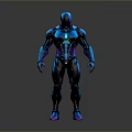 Game Movie Character In Futuristic Tech Armor With Blue Black Shiny Metallic Design