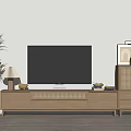 Minimalist Wooden TV Stand With Flat Screen TV Potted Plant Table Lamp And Decorative Items